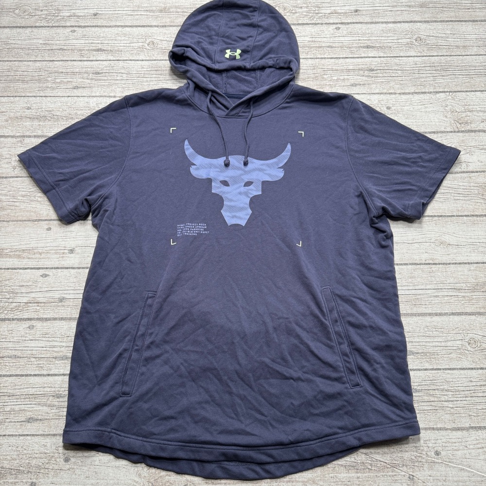 Under Armour Hoodie Mens 2XL Blue Short Sleeve Brahma Bull Project Rock Training
